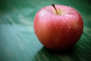 Fresh red apple with water droplets resting on a green wooden surface in soft natural light