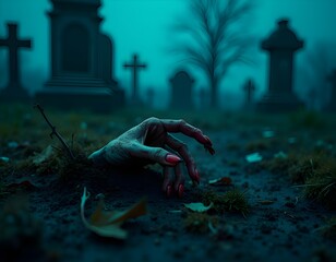 Creepy zombie hand reaching out of a haunted graveyard on a dark and eerie night, shrouded in mystery