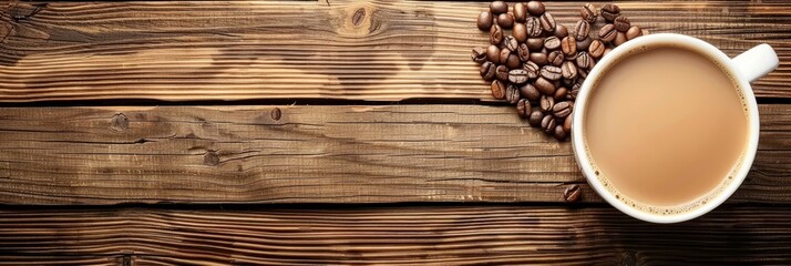 Steaming cup of coffee Top View with heart Shape roasted coffee beans on a rustic wood background.