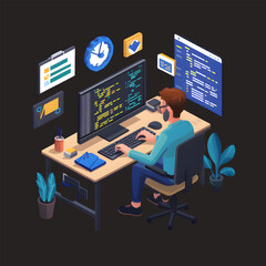 Free Vector new software interface coding and programming system administrator or designer character, illustration generative ai 