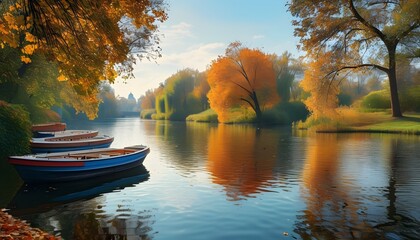 Wall Mural - Autumn river cruise through vibrant park foliage in a stunning panoramic landscape, ideal for wallpaper, banners, and backdrops celebrating natures fall beauty