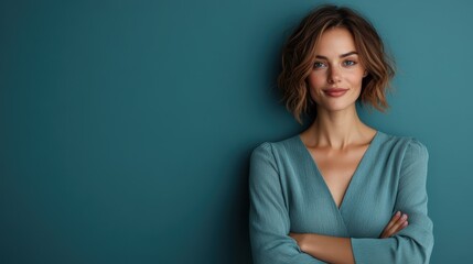 A poised woman in a teal dress stands with her arms crossed against a sophisticated green backdrop, embodying elegance and confidence through her serene expression.