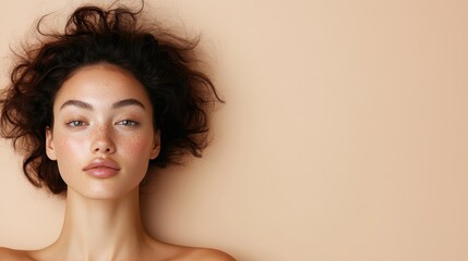 A natural portrait of a woman lying with a relaxed and serene expression, her tousled hair framing her face, emphasizing the raw beauty and tranquility of simplicity in portrait photography.