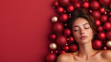 A peaceful young woman lies with her eyes closed, surrounded by numerous red Christmas ornaments, evoking tranquility and holiday spirit in an artistic, festive setting.