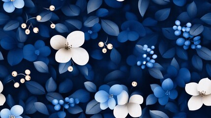 Sticker - Midnight Bloom Seamless Pattern: A tapestry of white and blue blossoms dance on a navy canvas, their delicate beauty illuminated by ethereal light. 