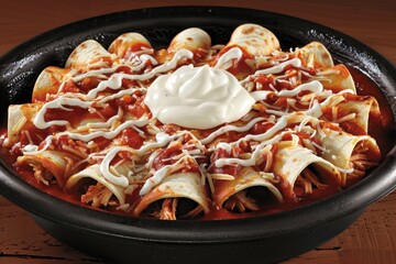 Close-up of Chicken Enchiladas with Red Sauce, Cheese, and Sour Cream in a Cast Iron Skillet