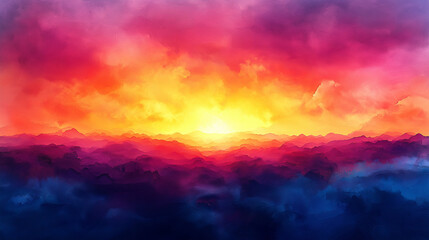 Wall Mural - A painting of a sunset with a bright orange sun in the sky