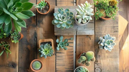 Sticker - Top view of succulent plants on rustic wooden table