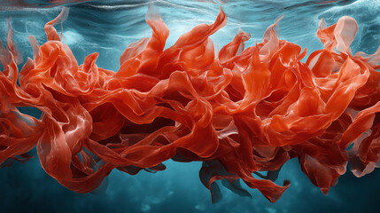 Wall Mural - Abstract underwater view featuring flowing red ribbons or seaweed-like structures against a blue water background, creating a dynamic and ethereal visual effect.