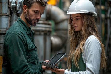 A technician shows his tablet to a client in a clean, modern food warehouse.