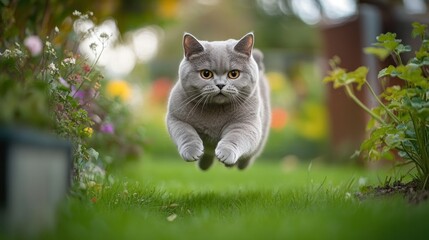 Wall Mural - A playful gray cat leaps through a vibrant garden, showcasing its agility and energy.