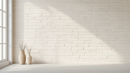 Wall Mural - A white brick wall with a window and two vases on it