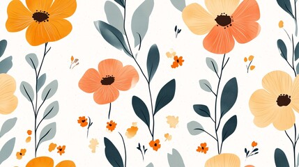 Wall Mural - Floral Watercolor Seamless Pattern: A delicate and whimsical watercolor floral pattern featuring soft orange and yellow flowers on a crisp white background. Perfect for adding a touch of spring 