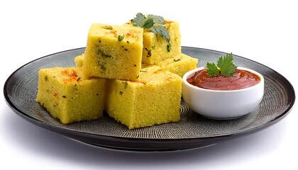 Dhokla, a Traditional Gujarati Snack, with Spicy Chutney