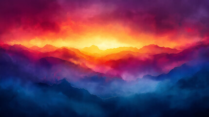 Wall Mural - A painting of a mountain range with a bright orange sun in the sky