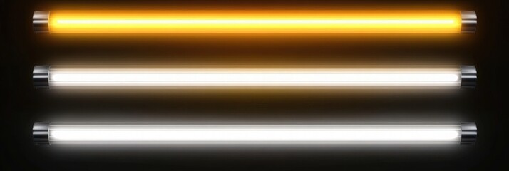 Four set of Neon tube lamp in yellow and white for party border design. Vector fluorescent led light bar isolated on transparent background. Night realistic electric stripe casino illumination graphic