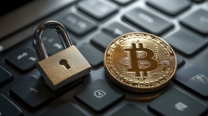 A high-quality photo of a coin next to a digital security padlock on a laptop keyboard, representing the security aspect of cryptocurrency.