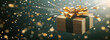 © This is for you... - Gift boxes on dark green background. Gold gift boxes with gold ribbon, banner. AI generation.