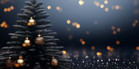 Christmas tree shining on festive black background, ornamental gold glitter festive lights