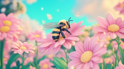 Poster - A bee collecting nectar from vibrant pink flowers in a sunny garden during springtime