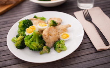 Wall Mural - Chicken breast with broccoli and quail eggs on plate for healthy dinner