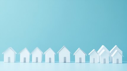 Canvas Print - A row of white paper houses on a blue surface