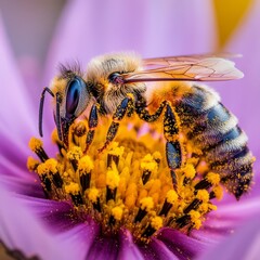 Sticker - Bee pollinating a purple flower, closeup view.