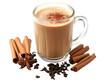 © V-anila - Cup of masala chai surrounded by spices isolated on transparent background for promoting cafes, menus, or recipe blogs, drink advertisements, social media content. Masala, tea with milk and spices