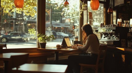 Woman working on laptop at a cafe table with a cup of coffee.