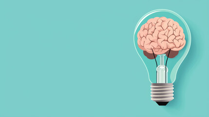 Lightbulb with brain inside, concept of innovative thinking, flat design illustration, with copy space