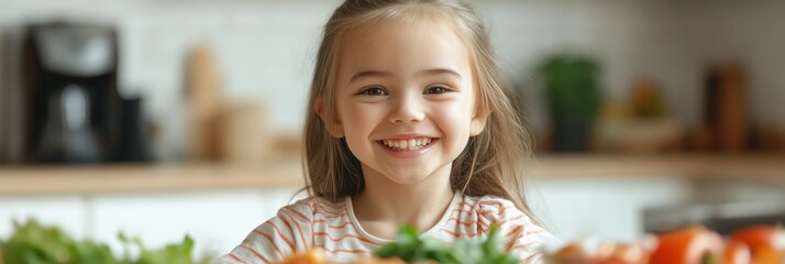 Wall Mural - A young girl is smiling and sitting at a table with a variety of vegetables, including tomatoes and broccoli