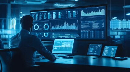 Wall Mural - data analytics dashboard with performance graphs and charts displayed on multiple screens in a moder