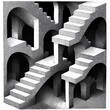 © Chawakorn - Black and white illustration of an impossible staircase with arches and doorways, creating a surreal and optical illusion.
