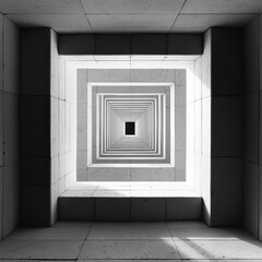 Wall Mural - Black and white image of a square hallway with many square openings looking up to the sky.