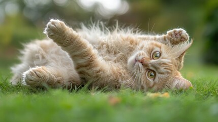 A playful orange kitten rolling on the grass, showcasing its fluffy fur and curious expression.