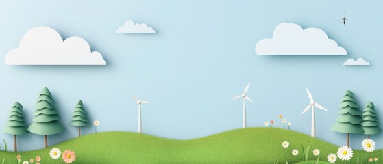 Vibrant illustration of a green landscape with trees, wind turbines, flowers, and a blue sky, showcasing a clean energy theme.