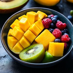 Wall Mural - Bowl of fresh fruit salad with mango, kiwi, raspberries, and blueberries.