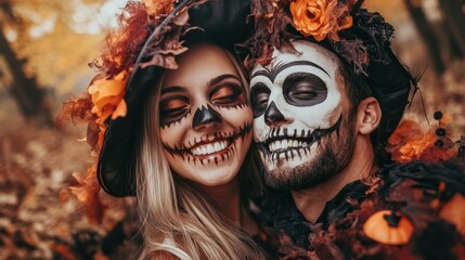 Wall Mural - A man and a woman dressed up in halloween costumes