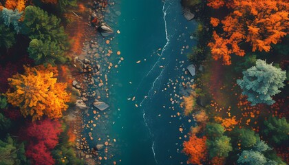 Vibrant aerial view of a colorful autumn forest showcasing the beauty of fall season in a picturesque natural landscape