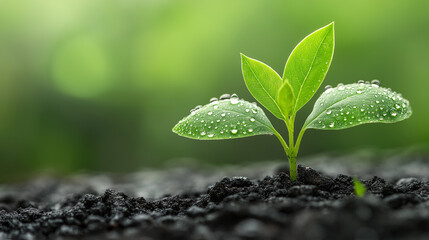 A small green plant is growing in the dirt