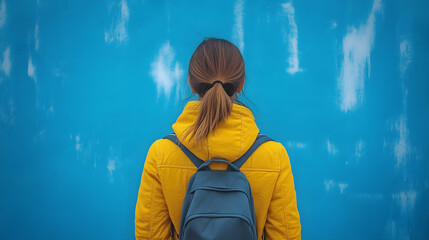 Wall Mural - Woman in Yellow Jacket Facing Blue Wall