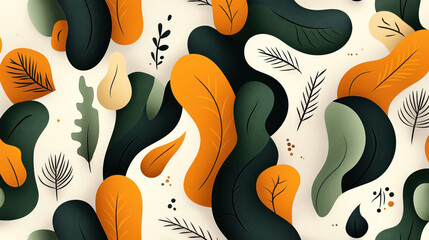 Sticker - Abstract seamless pattern featuring a variety of stylized leaves and organic shapes in shades of green, orange, and beige with black outlines on a light background.