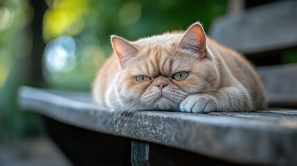 Wall Mural - A relaxed cat lounging on a bench in a serene outdoor setting.