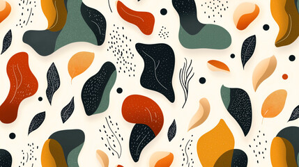 Sticker - Abstract contemporary seamless pattern featuring organic shapes, leaves, and dots in earthy tones of orange, green, and black on a light beige background.