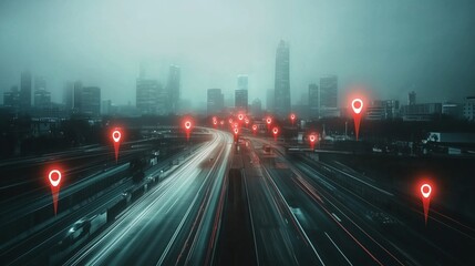 Leinwandbilder - A high-angle cinematic view of a modern cityscape with digital red pins, location icons, and street signs floating over the streets, set against a dark grey sky. This visually captures the integration