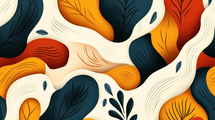 Poster - Abstract  illustration featuring colorful organic leaf-like shapes and flowing lines. The design uses a warm color palette with shades of blue, orange, and cream.