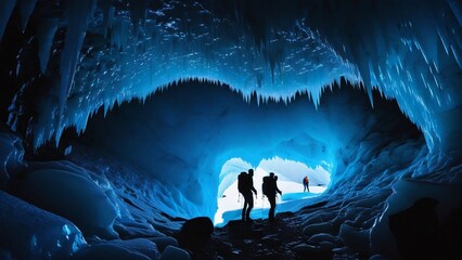 Wall Mural - a cave with ice cave and people standing in front of it.