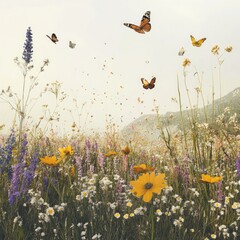 Wall Mural - Butterflies flutter over a meadow full of wildflowers.