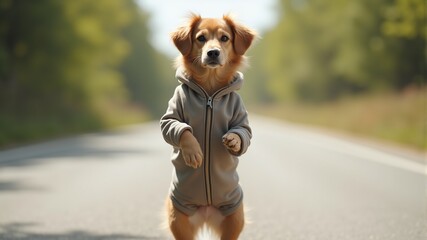 Poster - A dog in a jacket stands on its hind legs