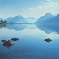 Poster - Calm blue lake with mountain reflection and rocks.